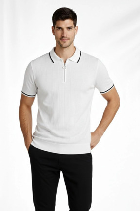 GurkStore Erkek Yazlık Dokuma Triko Tişört Fermuarlı Polo Yaka Kısa Kol T-Shi...