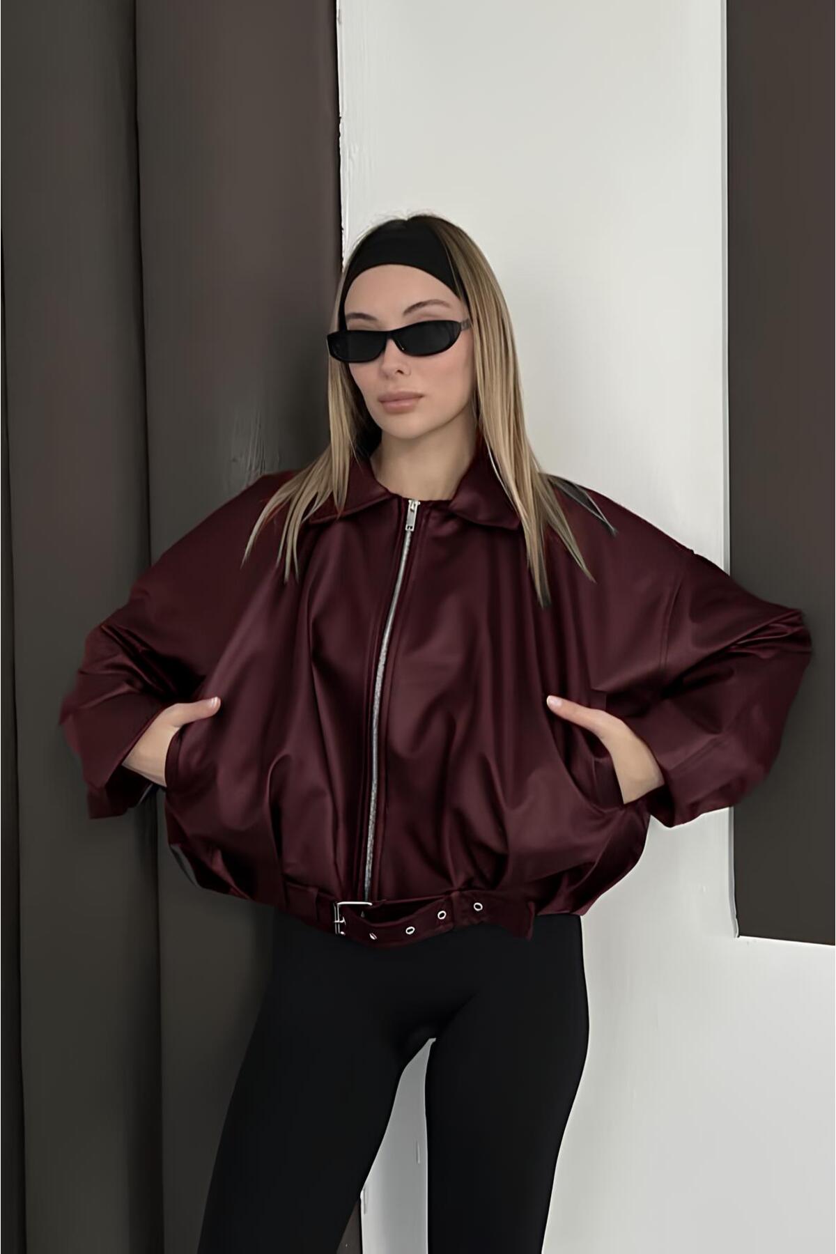 Helen Goods İçi Kürklü Oversize Kadın Deri Ceket Mont görsel 2