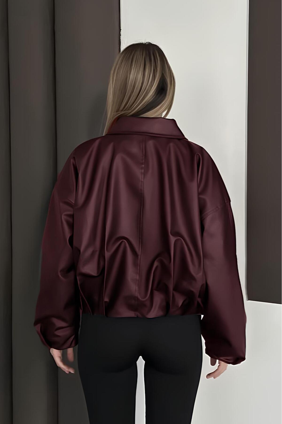Helen Goods İçi Kürklü Oversize Kadın Deri Ceket Mont görsel 4