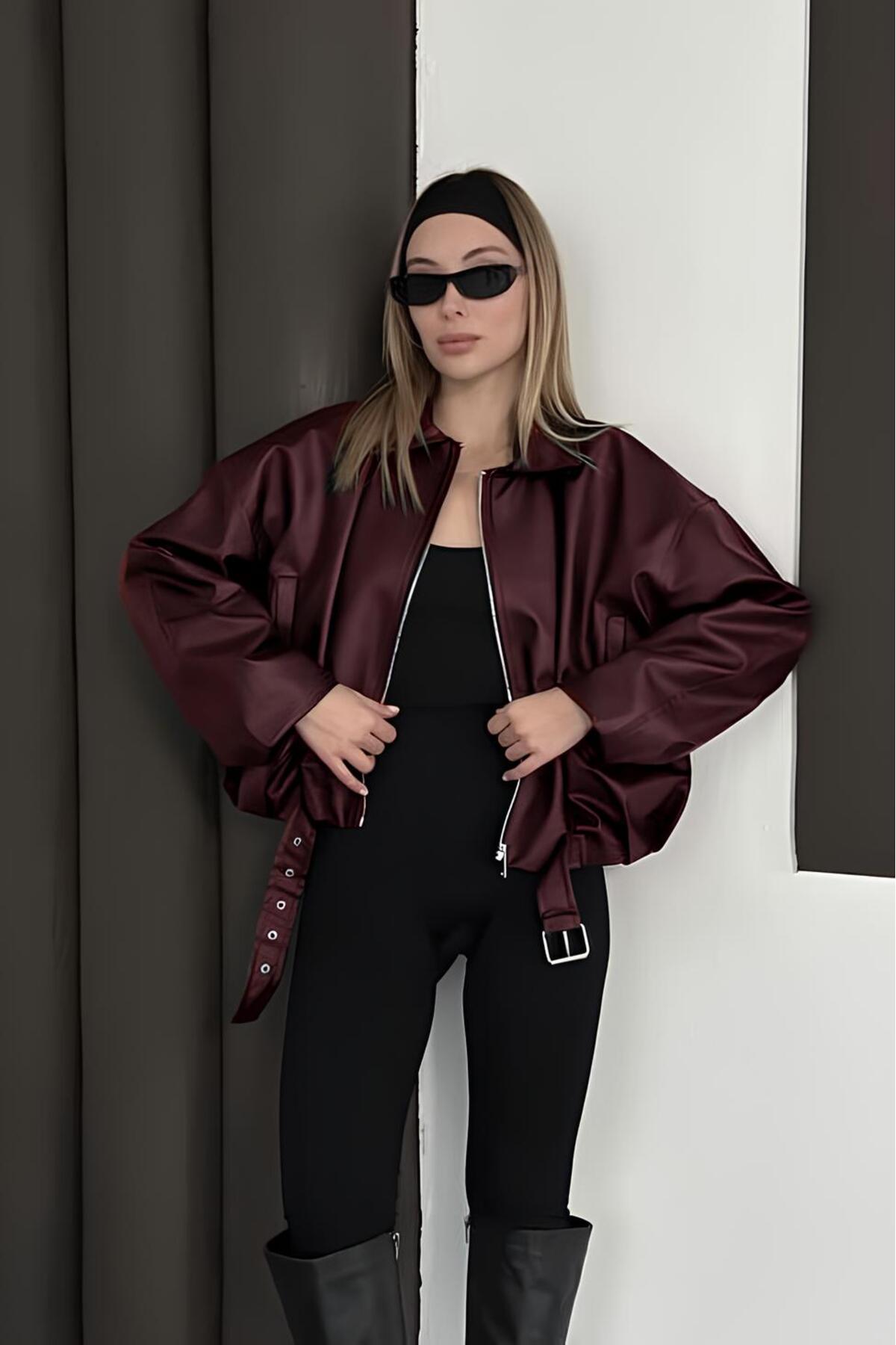 Helen Goods İçi Kürklü Oversize Kadın Deri Ceket Mont görsel 3
