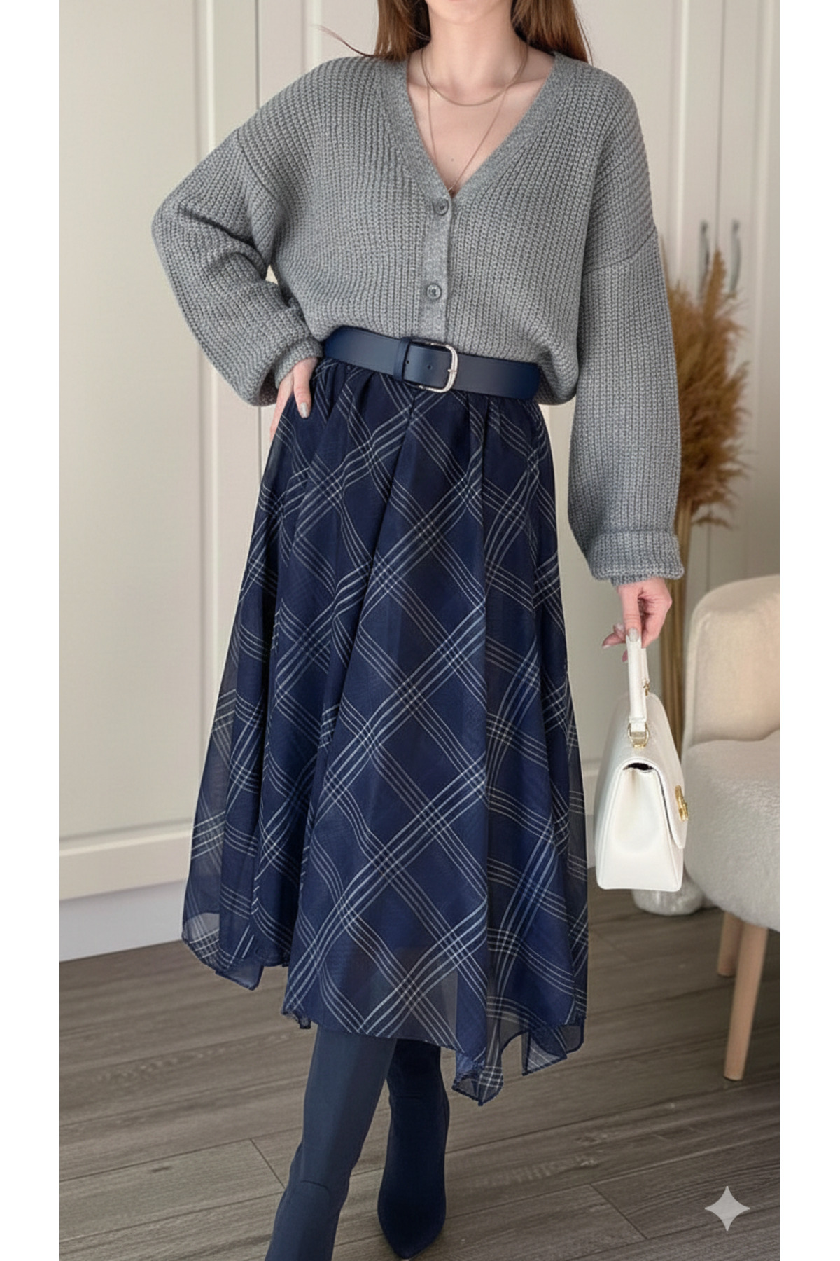 QETEENN  Asimetrik Kesim Ekose Desenli Midi Boy Etek