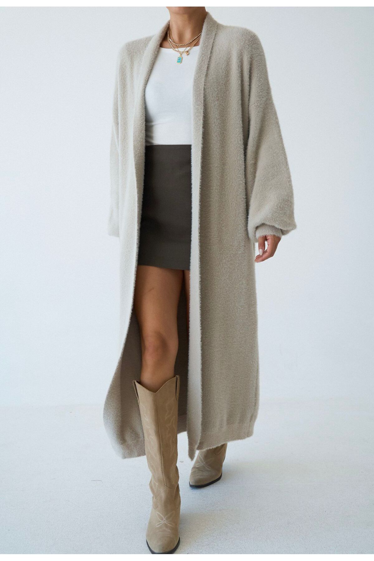 STOREBARS  Kadın Uzun Peluş Triko Hırka - Görsel 2