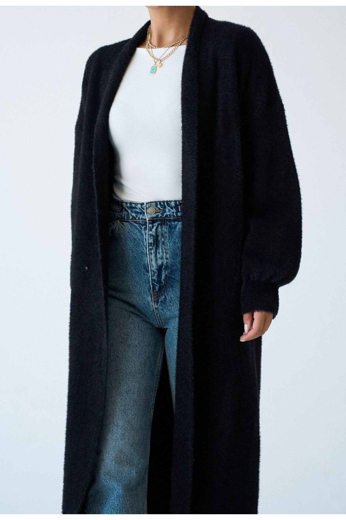 STOREBARS  Kadın Uzun Peluş Triko Hırka - Görsel 8