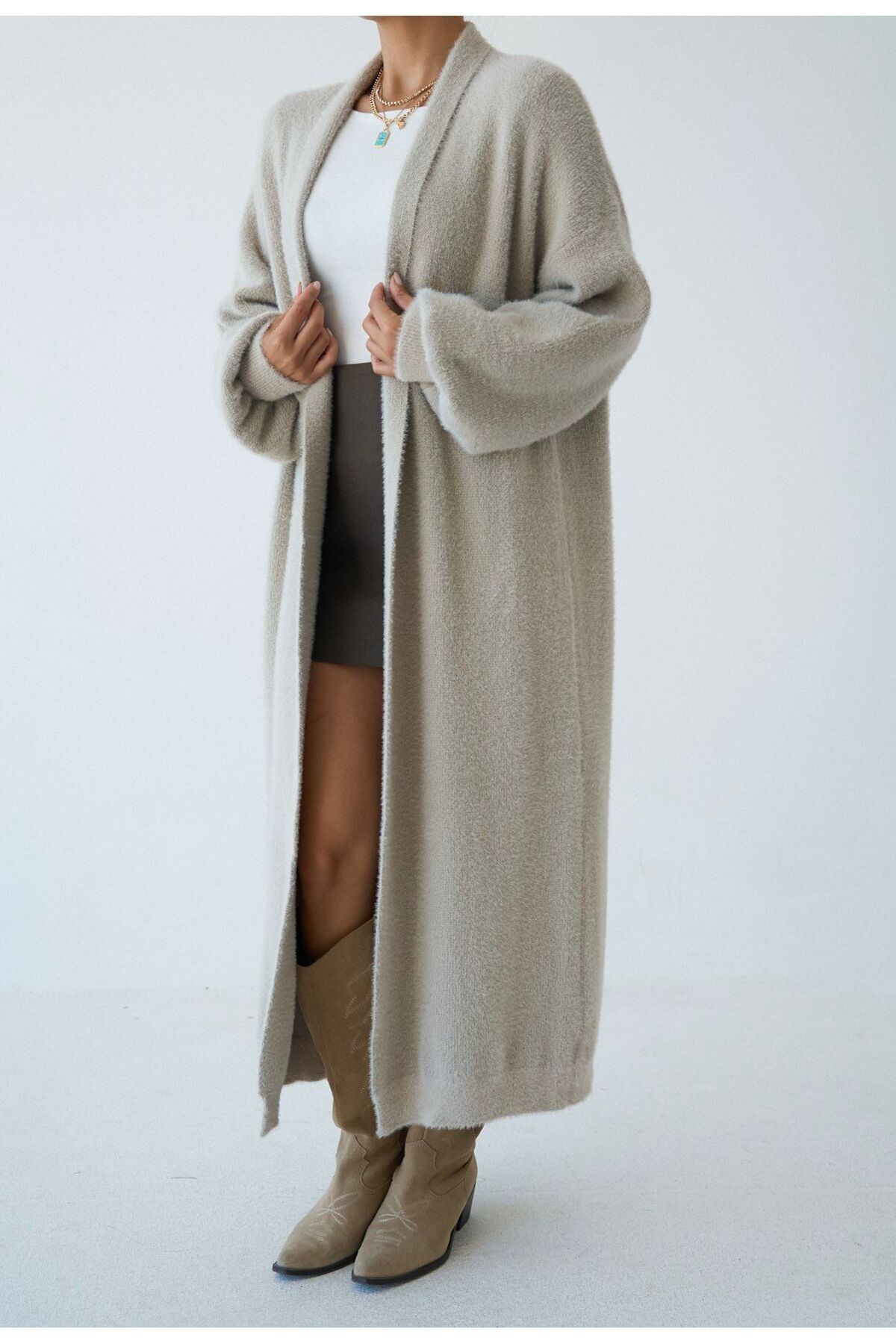 STOREBARS  Kadın Uzun Peluş Triko Hırka - Görsel 6