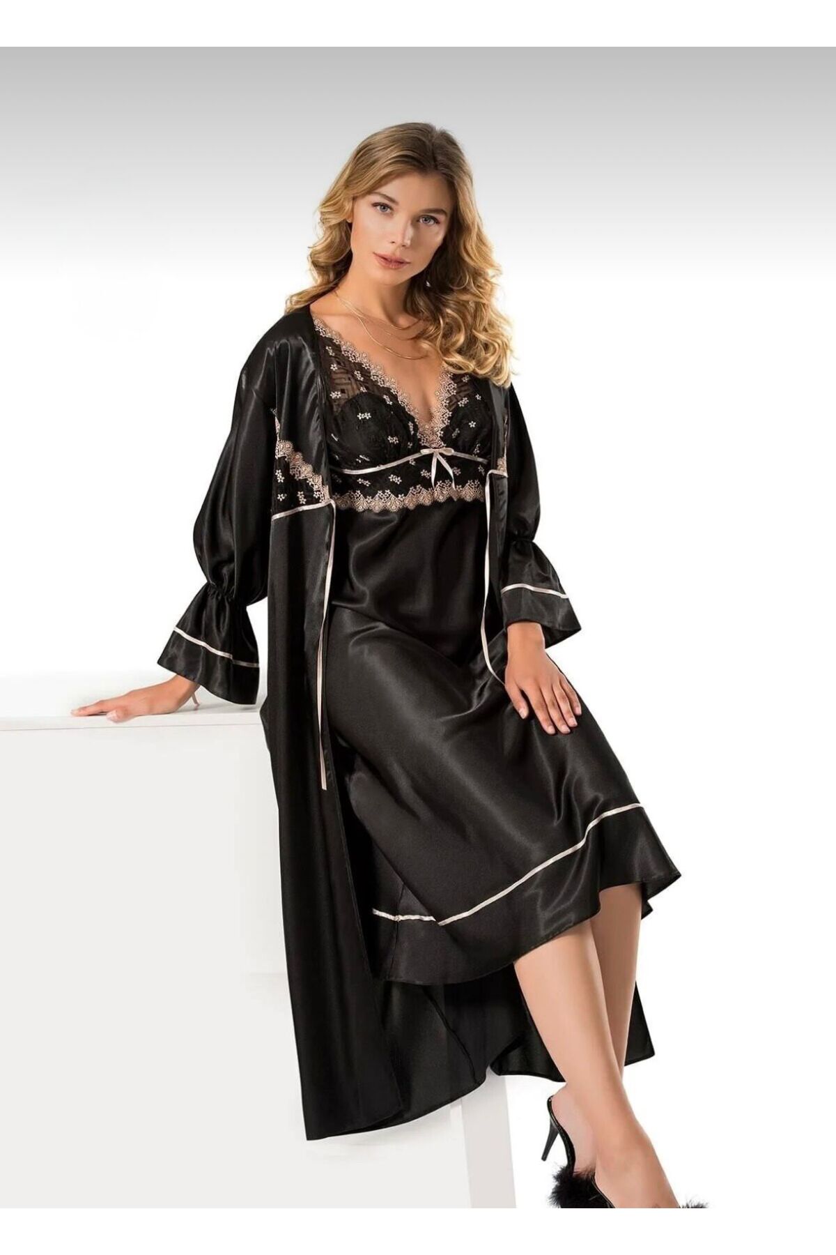 Black Rose Night Uzun İkili Saten Gecelik Takımı