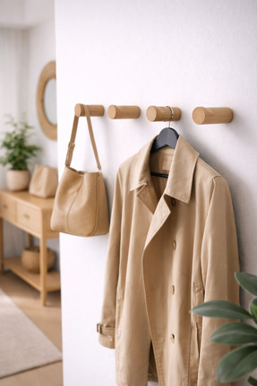 Tasarım Ahşap Duvar Askısı 4’lü – Doğal Kayın, Minimal Tasarım, Montajlı