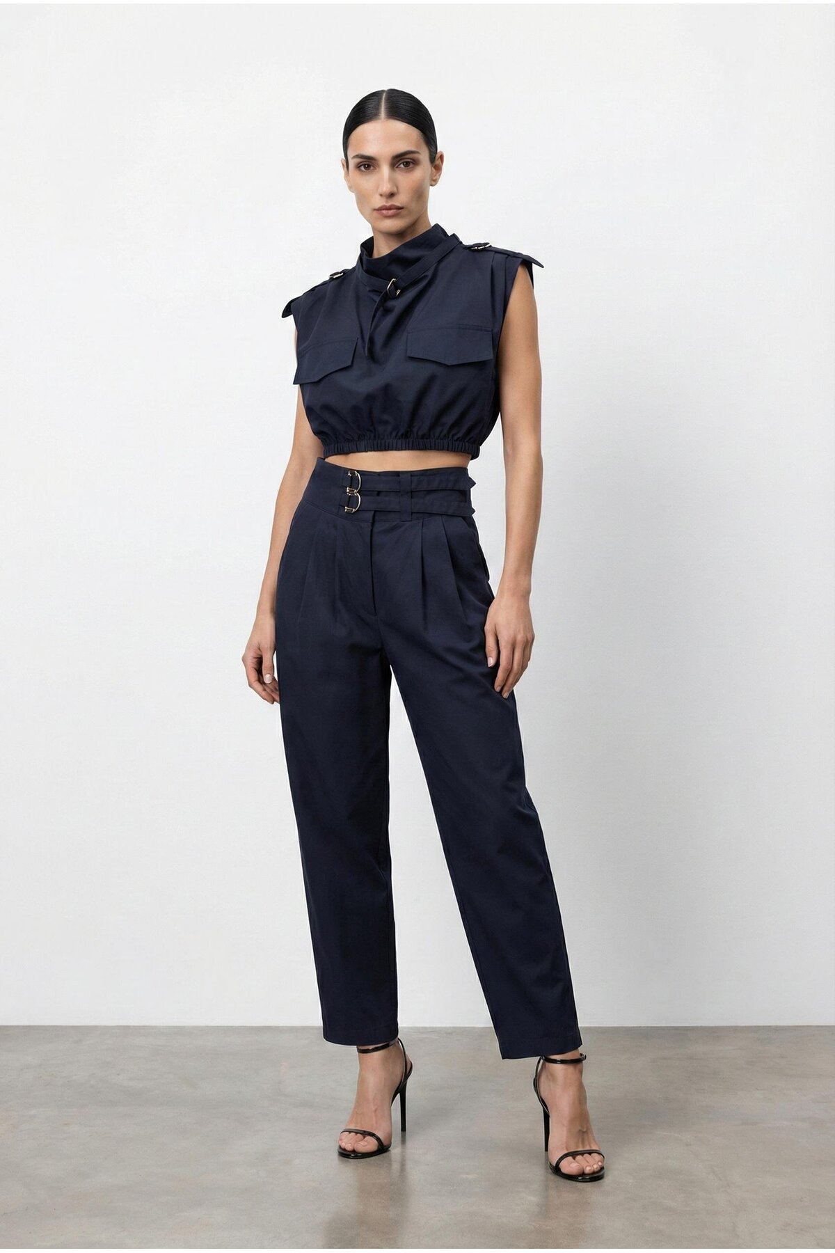 Quzu  Kemer Detaylı Yüksek Bel Pantolon Lacivert