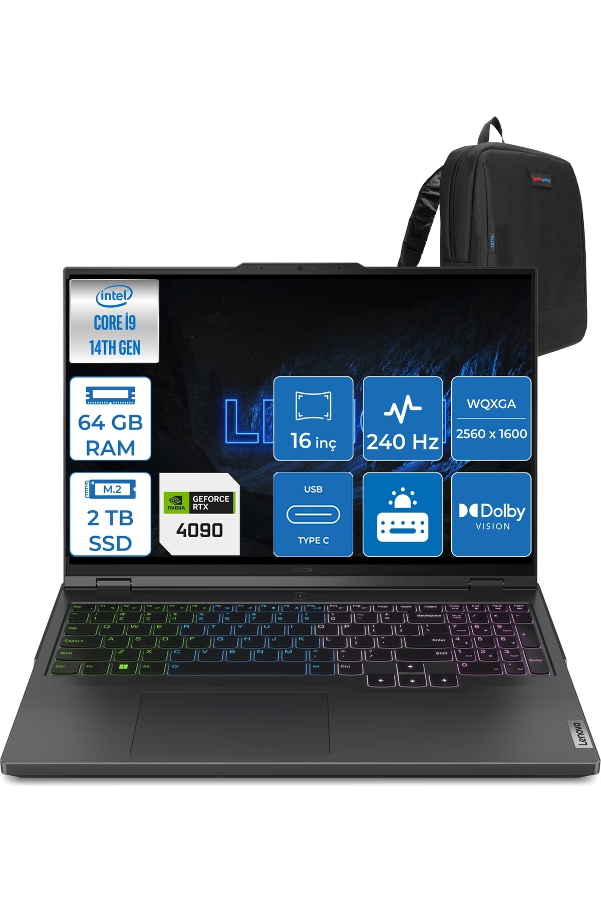 Legion Pro 7 I9-14900HX 64GB 2tb SSD 16GB/RTX4090/175W 16" Hdr Wqxga FDOS L83DE002XTR13 + Zettaçanta