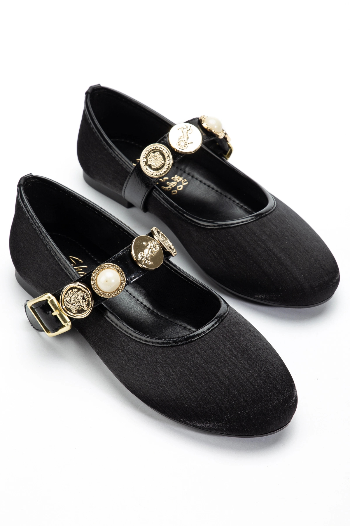 bakacstore  Kadın Siyah Gold Aksesuarlı Şık Parlak Kumaş Babet - Görsel 4