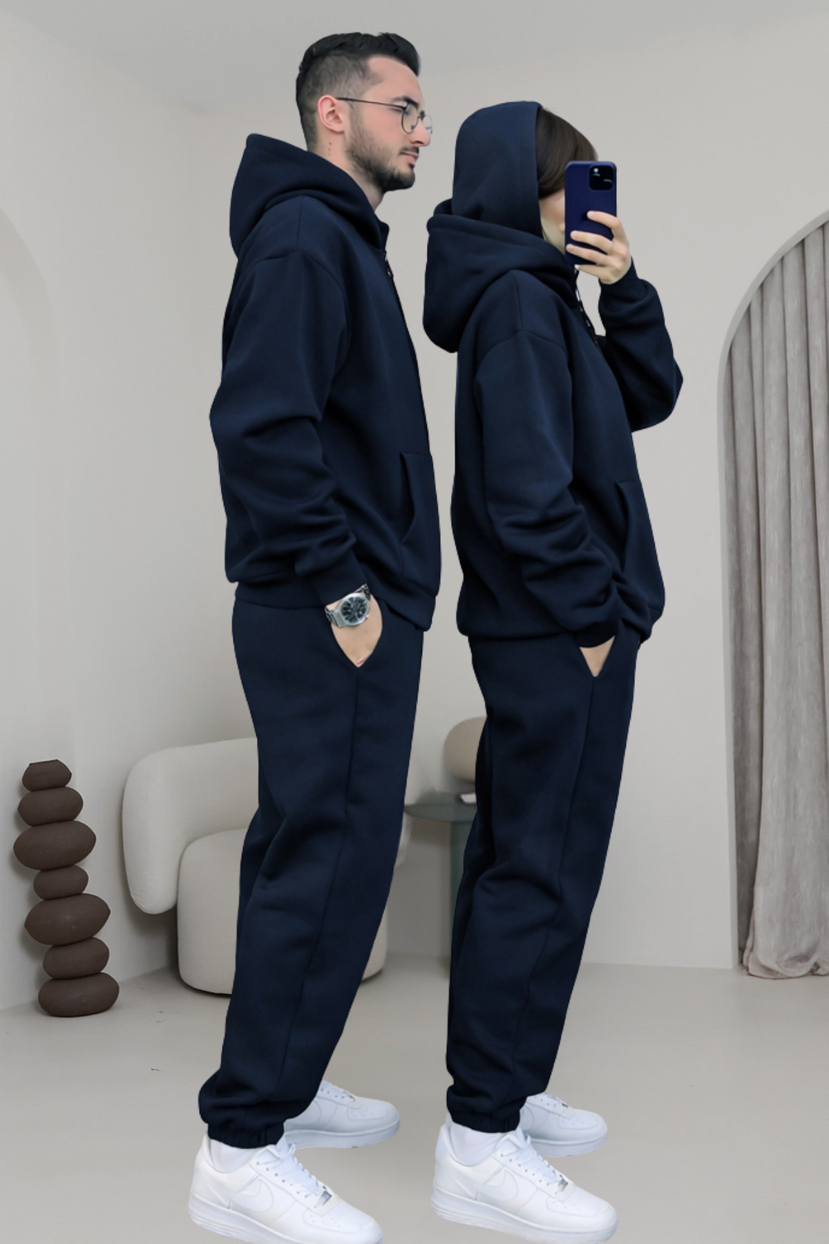 Çiftlere Özel Basic Oversize Kapşonlu Eşofman Takımı — سرمه‌ای hrtkbrn1 — تصویر 2 از 3