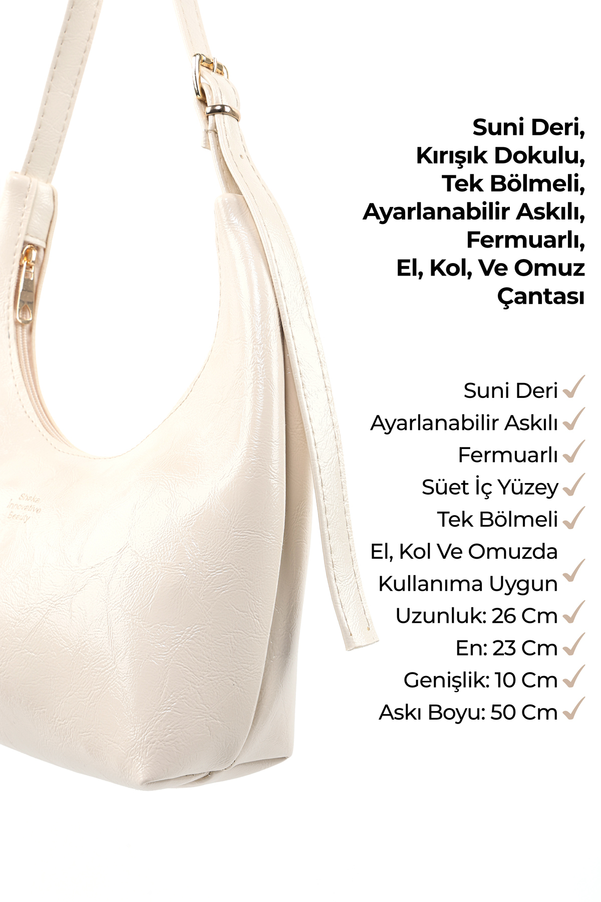SHAKA Kırışık Dokulu Krem SHK279 Fermuarlı,Tek Bölmeli,Kırışık Dokulu El,Kol ve Omuz Çantası görsel 7