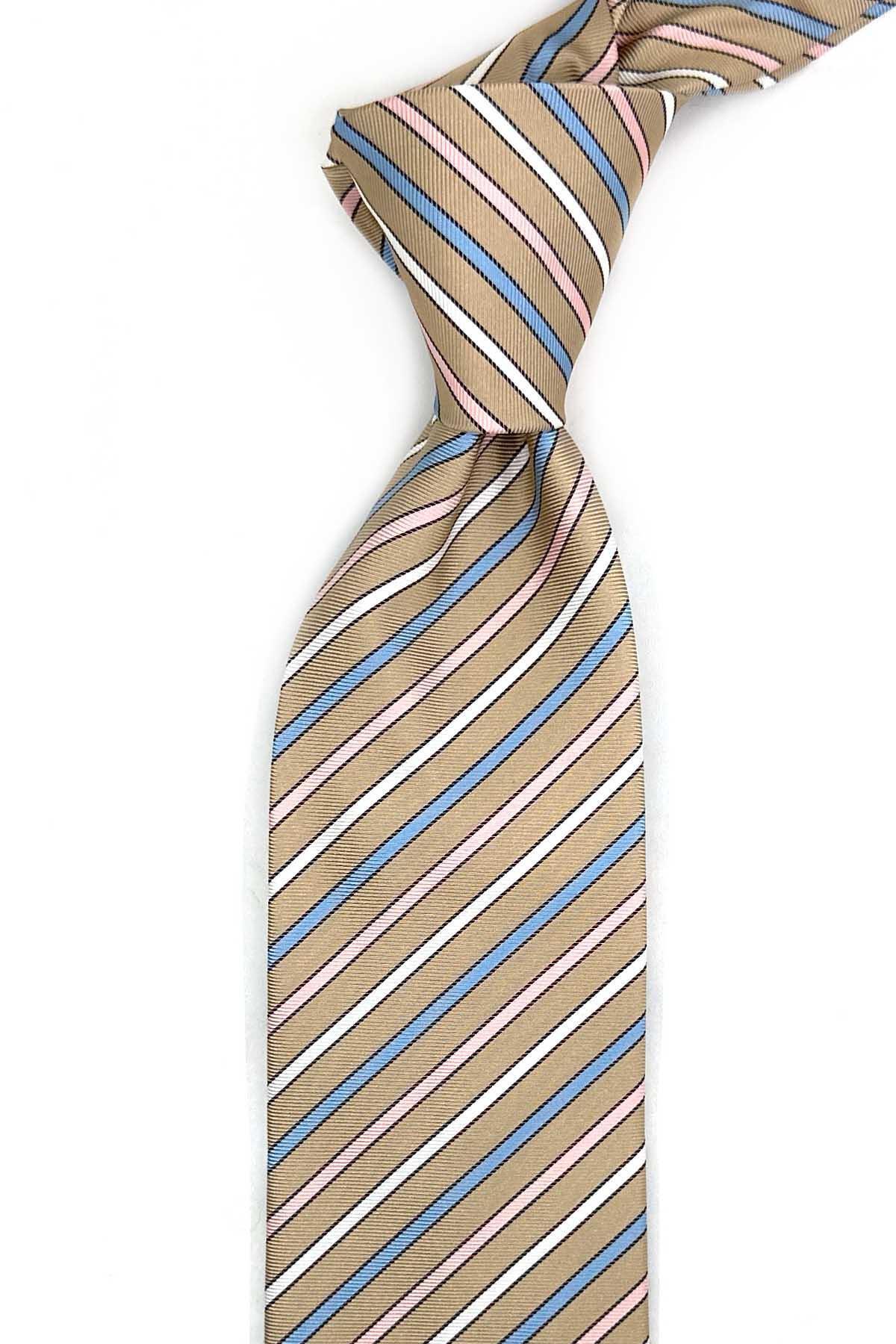  کراوات ابریشمی ایتالیایی راه راه بژ مدل کاسینی IK2253