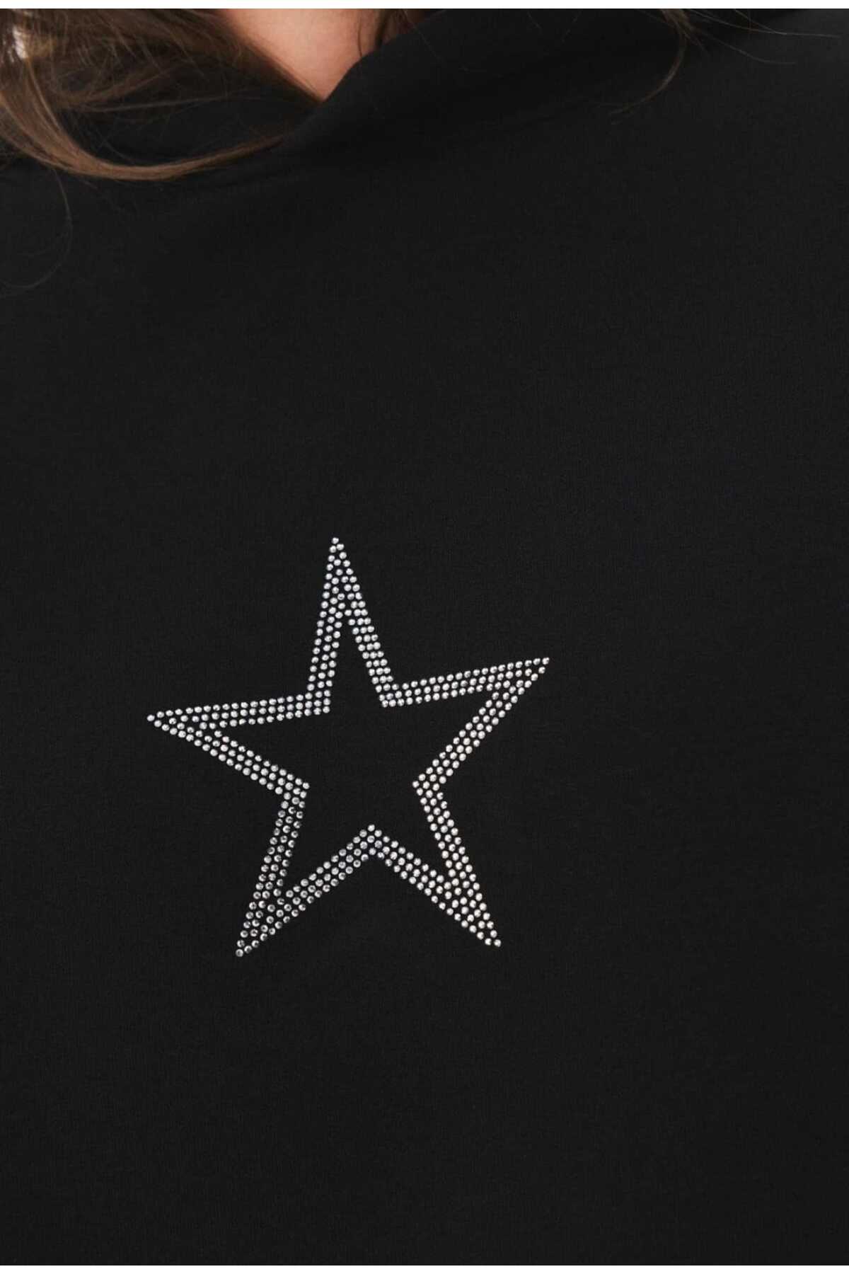 ZEMLİYA Unisex Star Stroke Taş Baskılı Sweatshirt Siyah hoodie oversize battal Geniş Kesim Kapüşonlu görsel 3