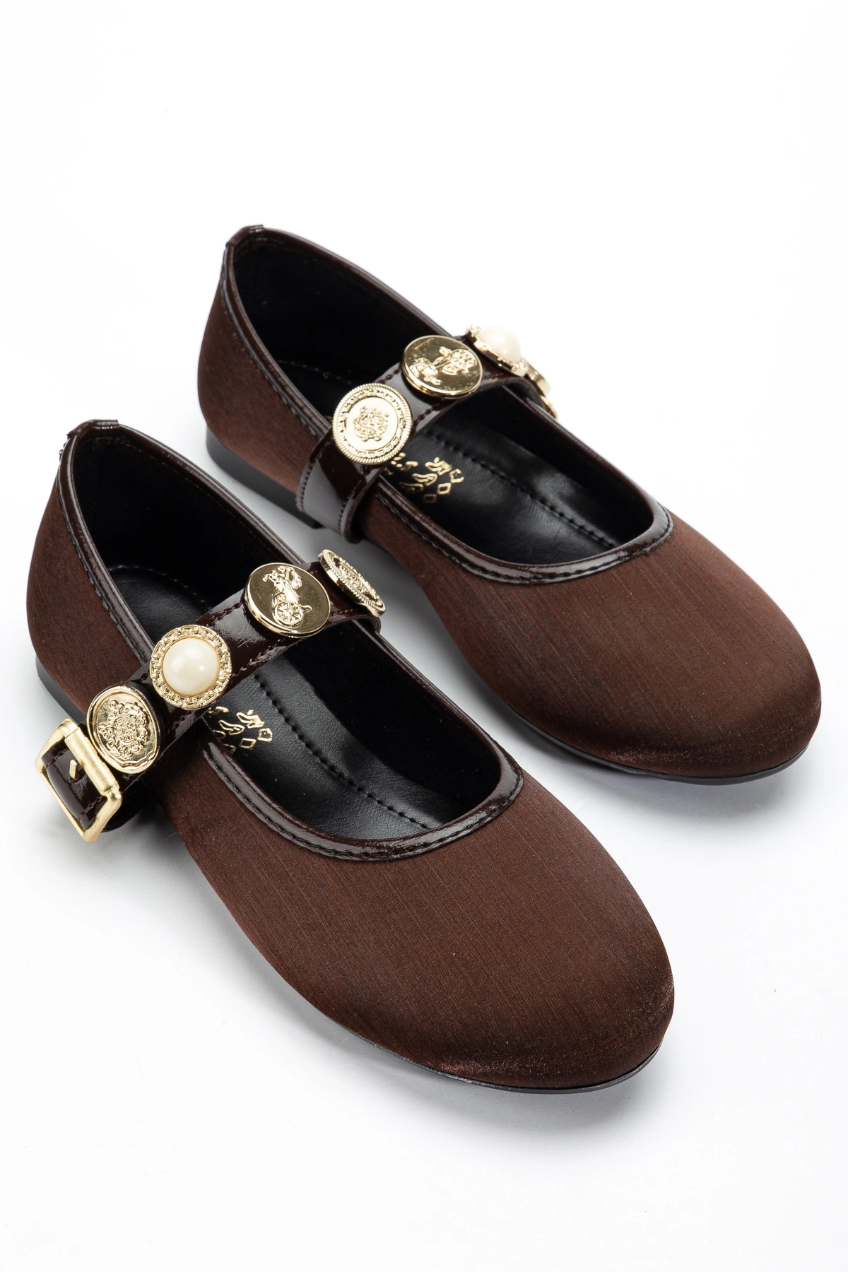 bakacstore  Kadın Kahverengi Gold Aksesuarlı Şık Parlak Kumaş Babet - Görsel 4