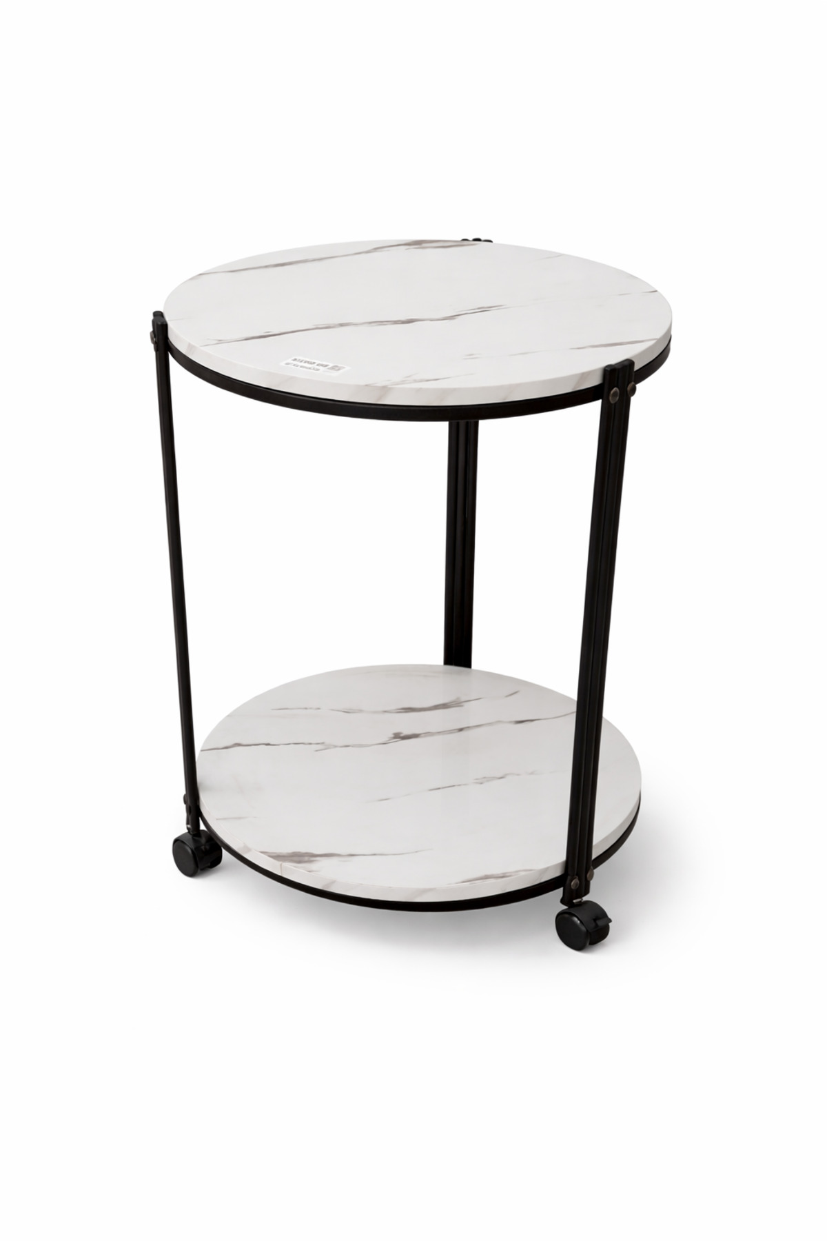 طاولة جانبية، بسطحين رخامي وهيكل معدني أسود وكفرات
