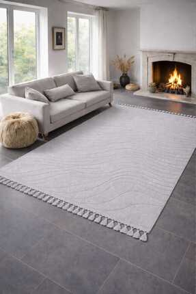 ZERAFET Alaçatı Püsküllü Kaymaz Taban Halı Soft Gri