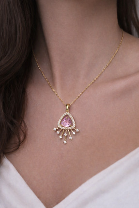 EG JEWELRY Pembe Zirkon Taşlı Sallantı Detaylı Altın Renk Kadın Kolye