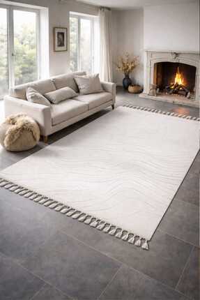 ZERAFET Alaçatı Püsküllü Kaymaz Taban Halı Beyaz