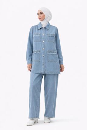 ELİFİMTESETTÜR İKİLİ KOT TAKIMI PANTOLONLU İNCİ ŞLEMELİ