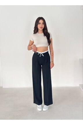 MERİKA ELEGANCE Kadın Lacivert Bağcıklı Yüksek Bel Bol Paça Pantolon