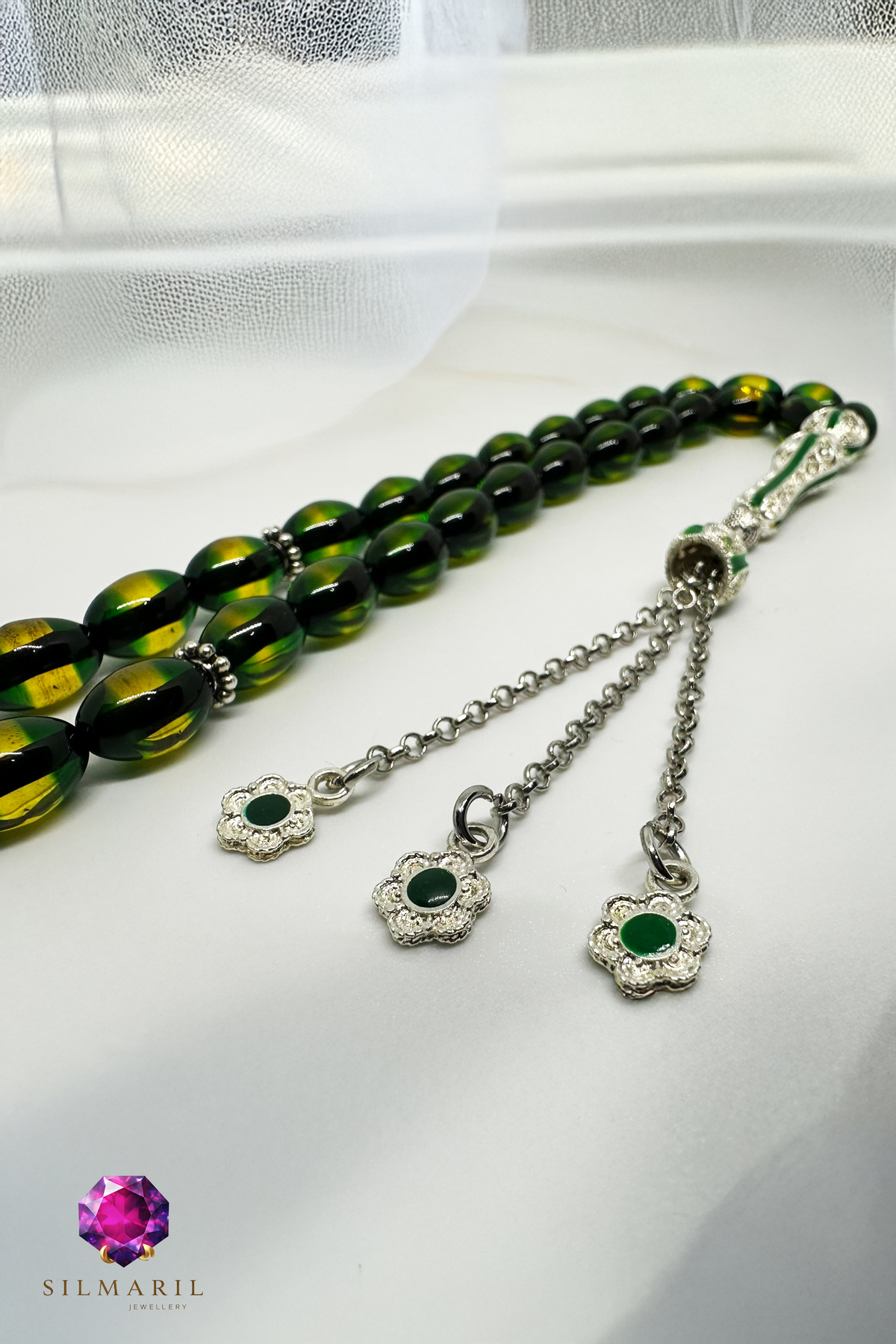 Özel Firuze Püsküllü Sürmeli Kehribar Tesbih – Parlak Hareli – Özel İşlemeli İmame - Erkek Hediyelik