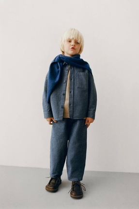 Limonlu Pamuk Erkek Çocuk Pamuklu Lacivert Kareli Gömlek Ve Pantolon Takım