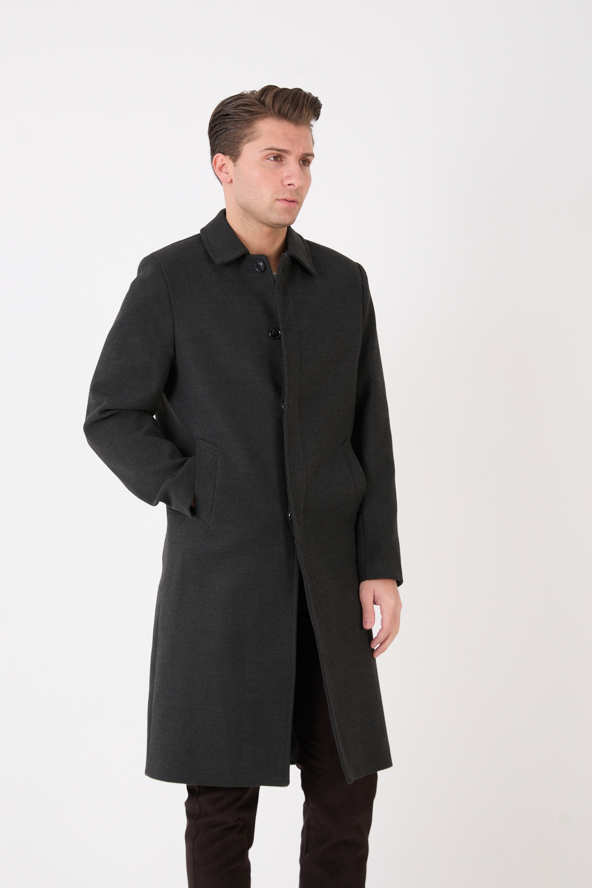 RUVEN TEKSTİL  Erkek Siyah Uzun Regular Fit Kaşe Kaban - Görsel 7