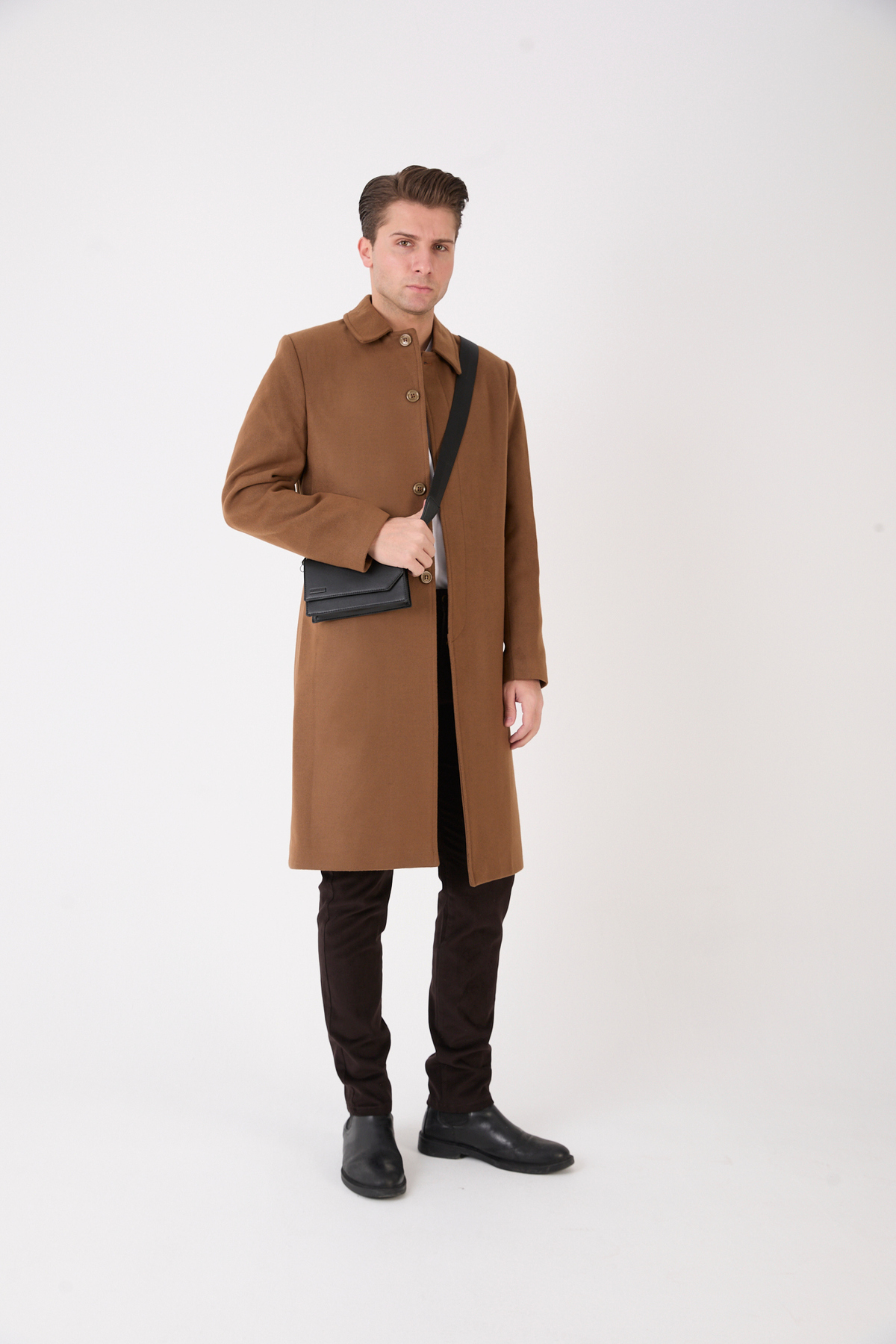 RUVEN TEKSTİL  Erkek Siyah Uzun Regular Fit Kaşe Kaban - Görsel 4