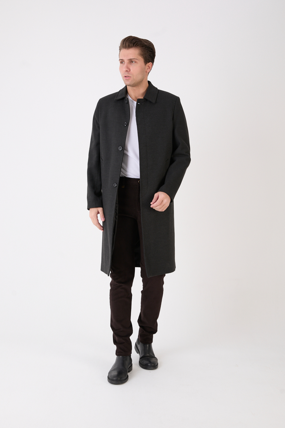 RUVEN TEKSTİL  Erkek Siyah Uzun Regular Fit Kaşe Kaban - Görsel 2