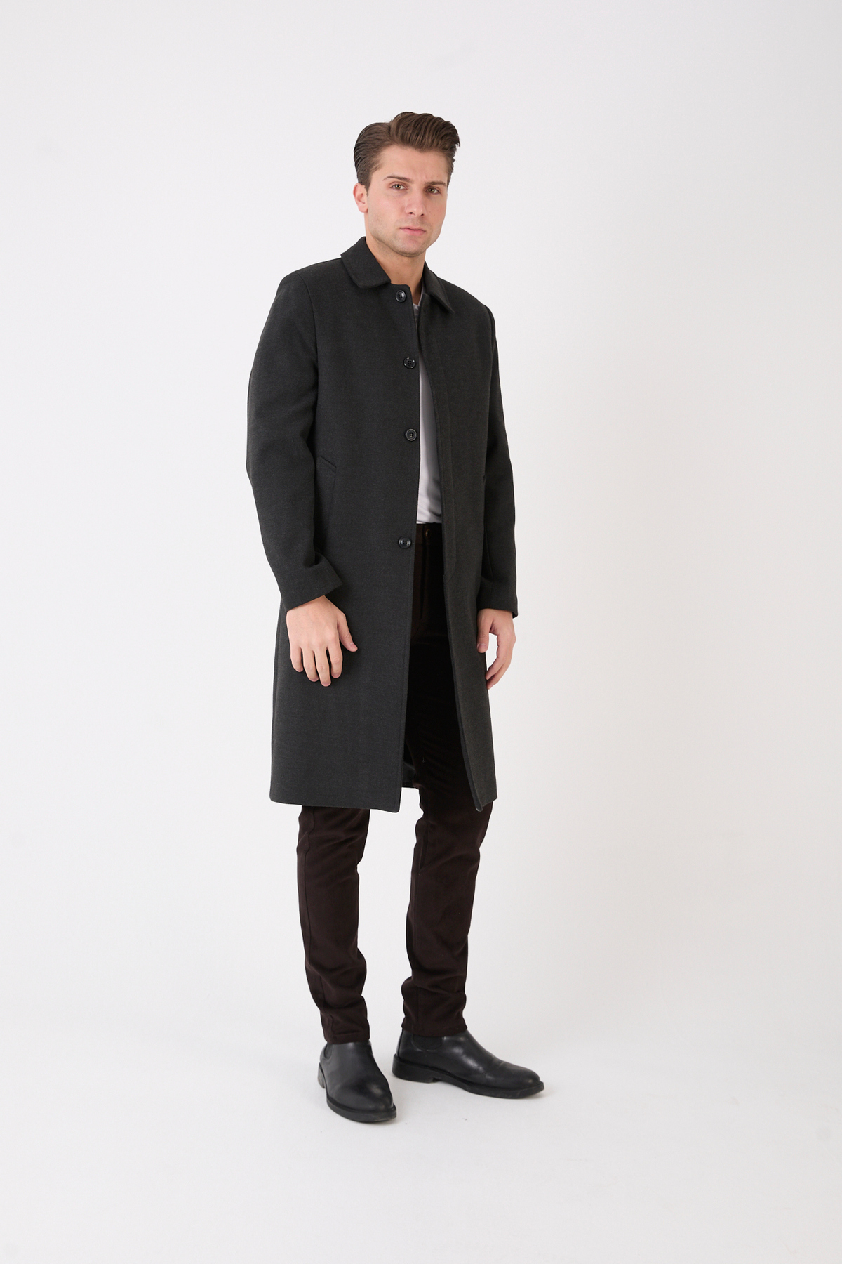 RUVEN TEKSTİL  Erkek Siyah Uzun Regular Fit Kaşe Kaban - Görsel 3