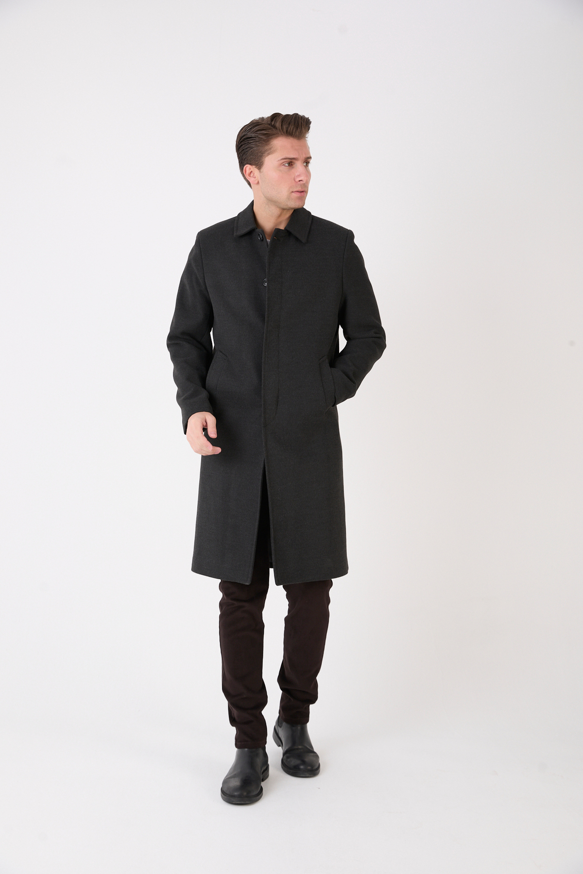 RUVEN TEKSTİL  Erkek Siyah Uzun Regular Fit Kaşe Kaban - Görsel 5