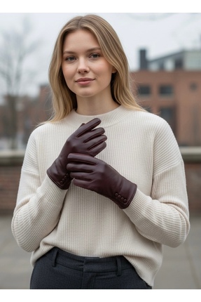 LOVE Kahverengi deri düğme detaylı-dokunmatik telefon ile kullanılabilir eldiven