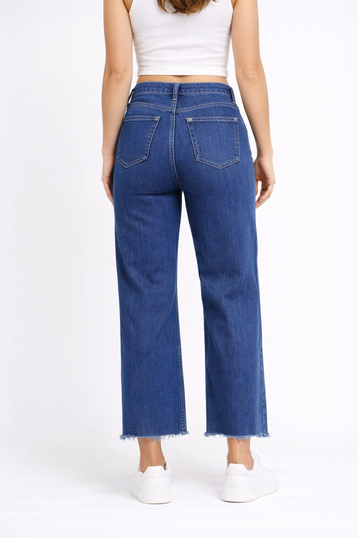 Lighter Jeans  Kadın Orta Mavi Likralı Geniş Paça Jean Pantolon – Salaş Kesim, Bilek Boy, Kesik Paça Günlük Denim - Görsel 3