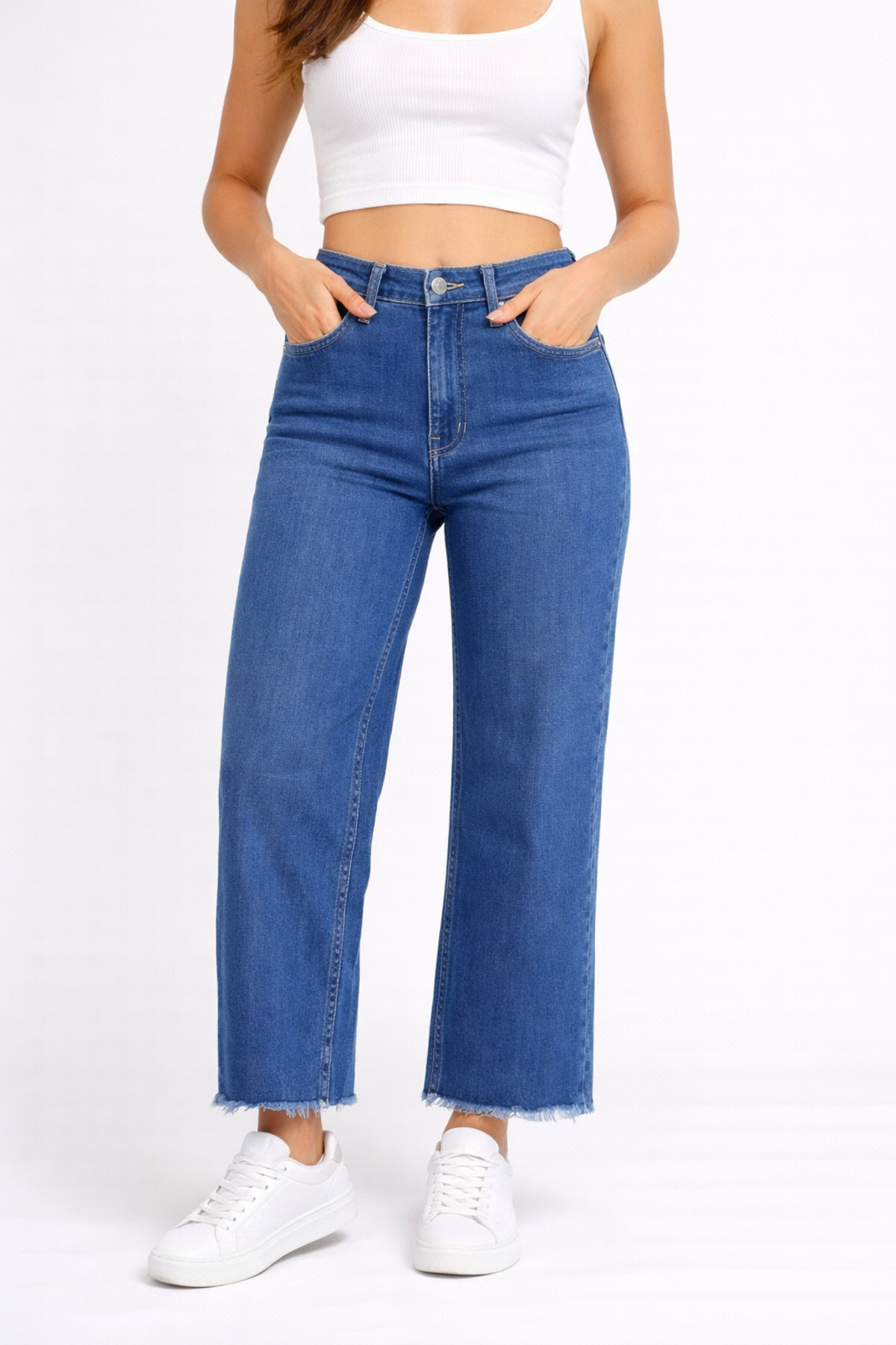 Lighter Jeans  Kadın Orta Mavi Likralı Geniş Paça Jean Pantolon – Salaş Kesim, Bilek Boy, Kesik Paça Günlük Denim