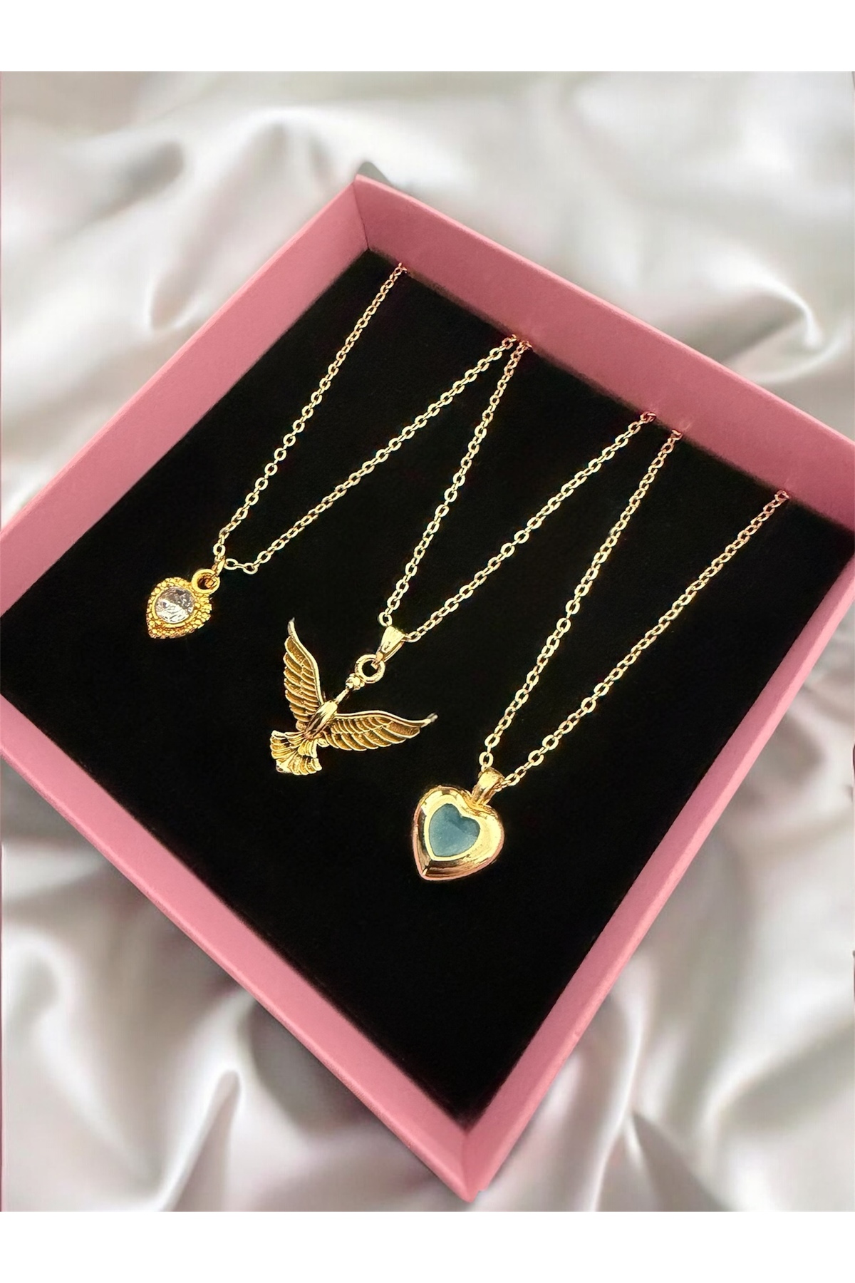 Gold Color 3-Piece Phoenix Blue White Heart Combination Set Necklace