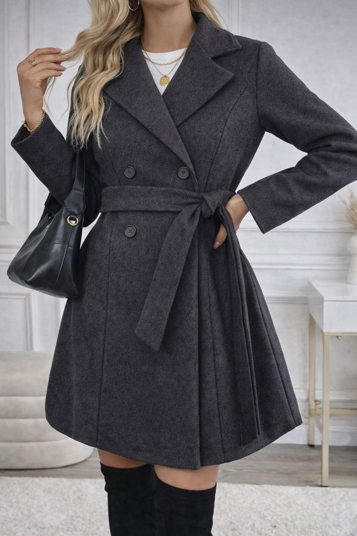 MUZOTEX  Uzun Kollu Kemerli Cepli Kruvaze Kaşe Kaban - Görsel 2