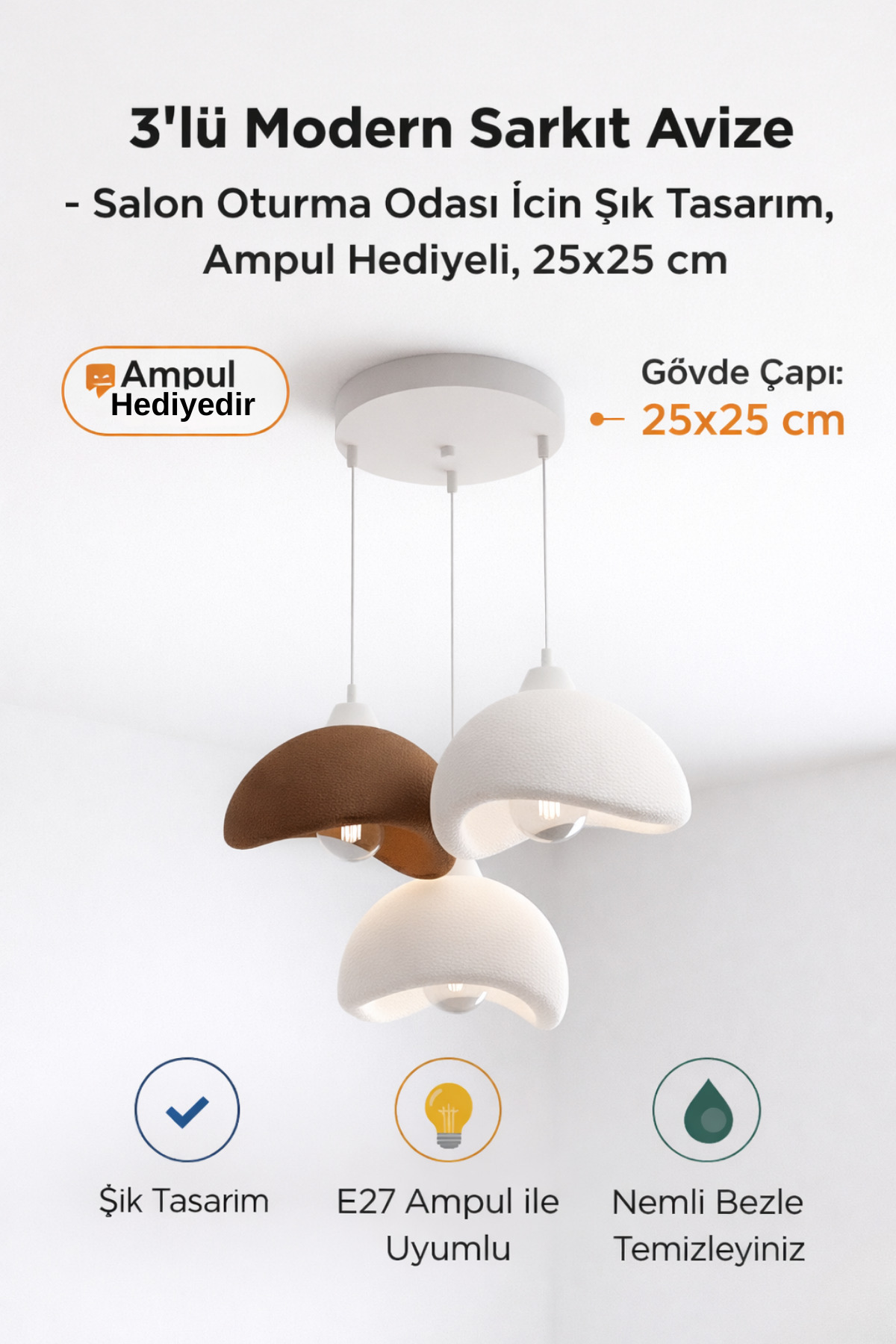 3’lü Modern Sarkıt Avize – Salon Oturma Odası İçin Şık Tasarım, Ampul Hediyeli, 25x25 cm