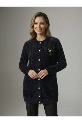 Ewarro Kadın Çiçek Broş Detaylı İnci Düğmeli Şık Hırka