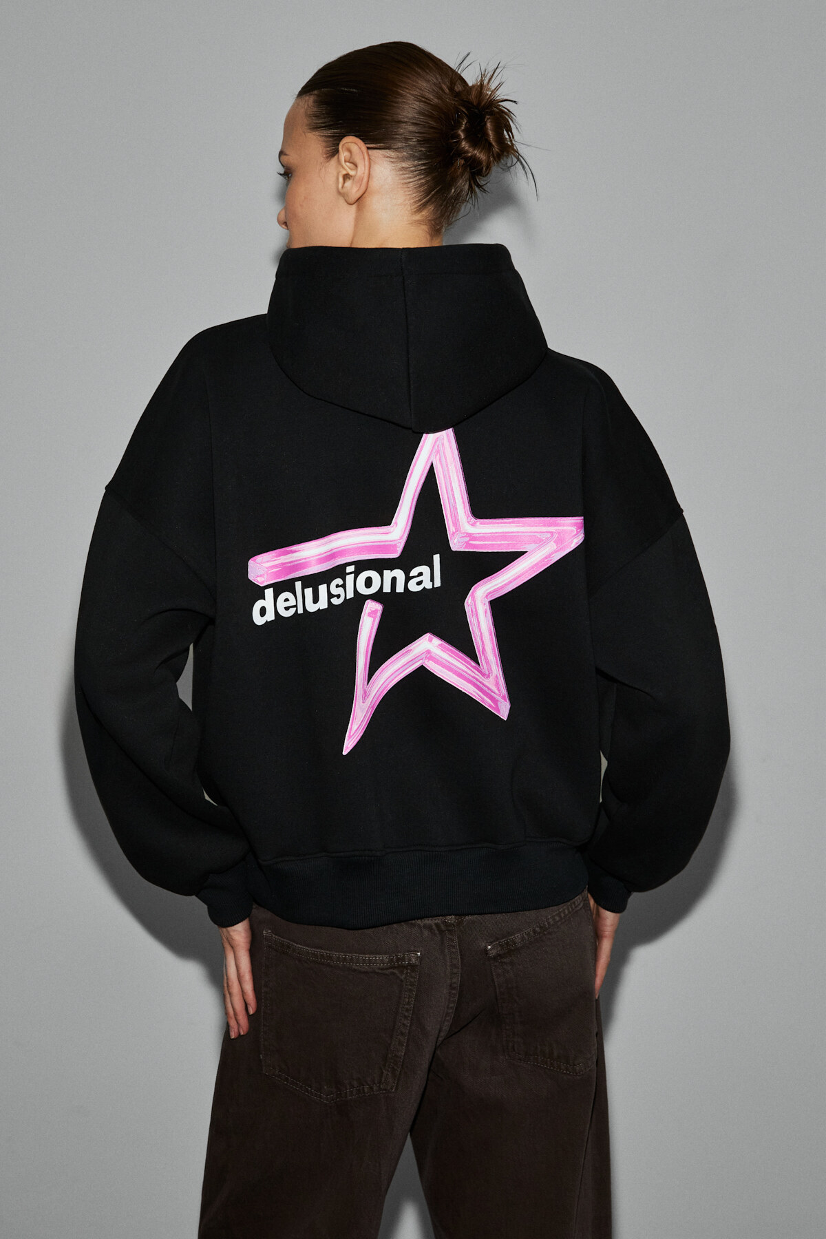 GRIMELANGE TERALY Kadın Organik Pamuklu Polarlı Kumaşlı Baskı Detaylı Siyah Sweatshirt