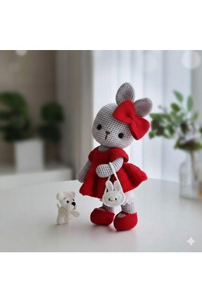 elizi dünyası Kırmızı Fiyonklu El Yapımı Örgü Tavşan