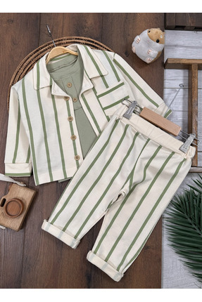 Bolly Baby Çizgili Safari Önden Düğmeli Ceket Kaşkorse Badili 3lü Erkek Bebek...