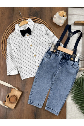 Bolly Baby Askı Kemerli Papyonlu Likralı Kot Pantolon Erkek Bebek/Çocuk Takım