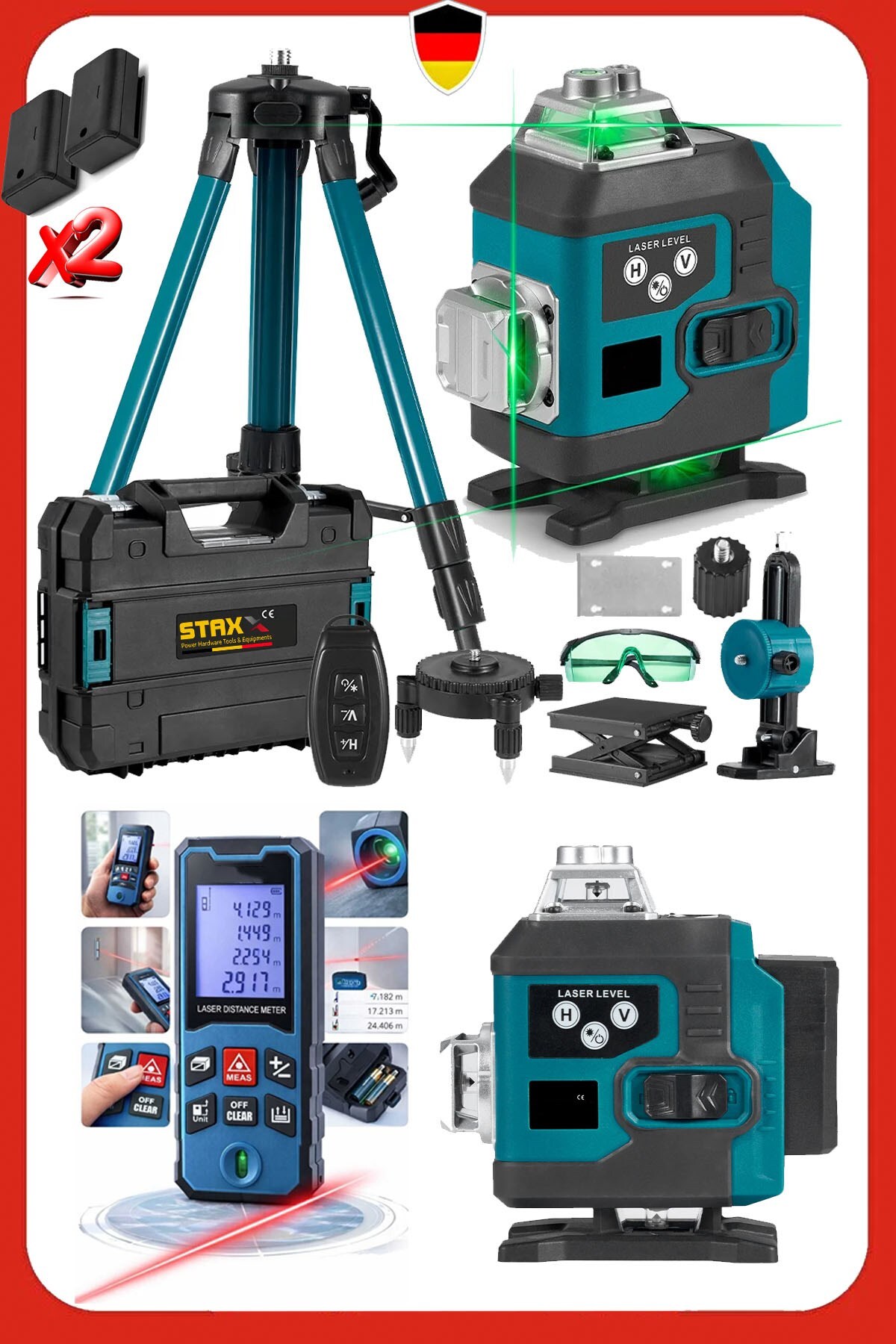 STAXX POWER Otomatik Hizalamalı Kumandalı 16 Köşe Yeşil Çizgi Lazer Hizalama Makinesi + 50Mt Lazer Tripot Set