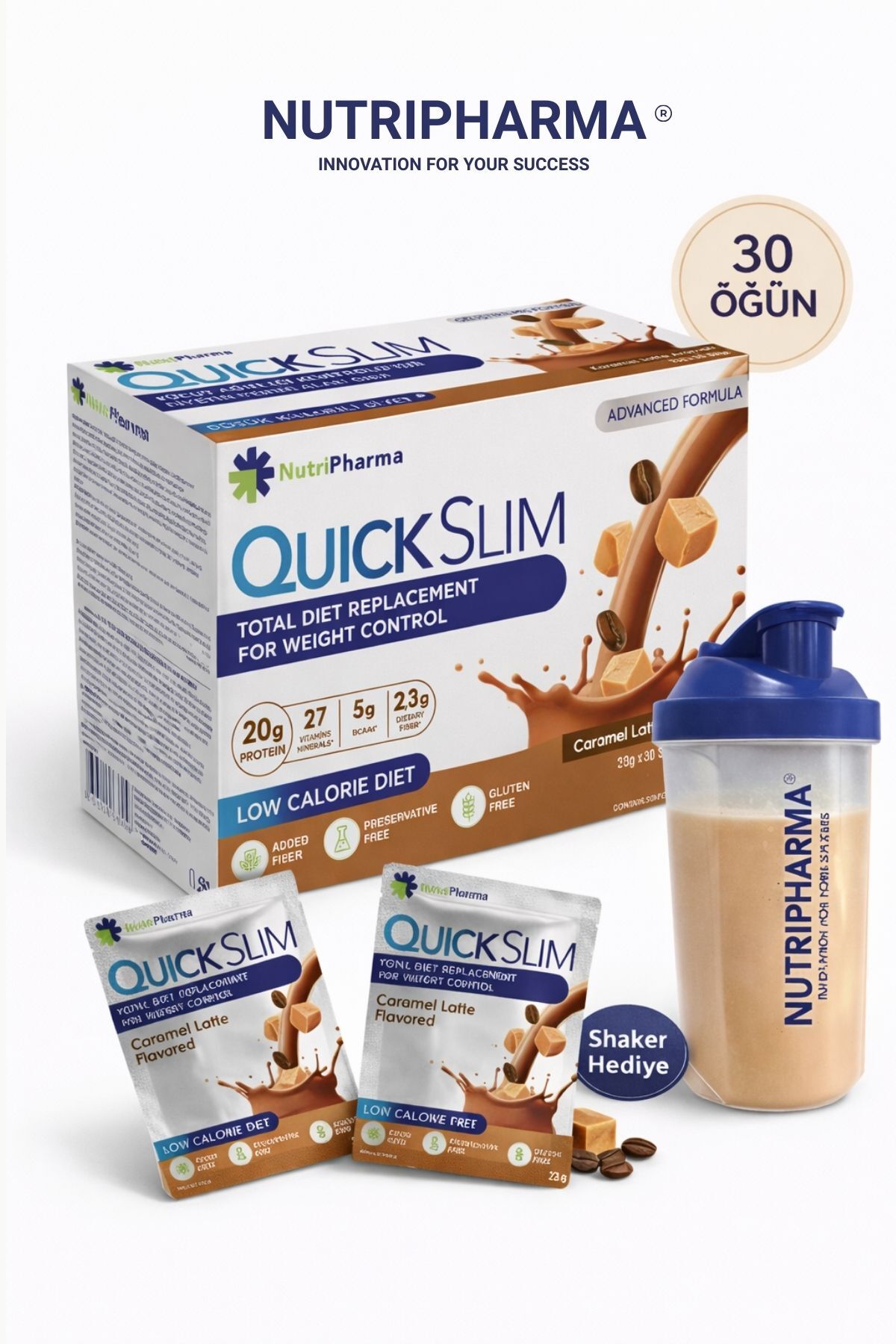 NUTRIPHARMA QUICK SLIM Whey Proteinli Öğün Yerine Geçen Diyet Shake Karamel Latte 30 Saşe + Shaker Hediyeli - Fiyatı, Yorumları
