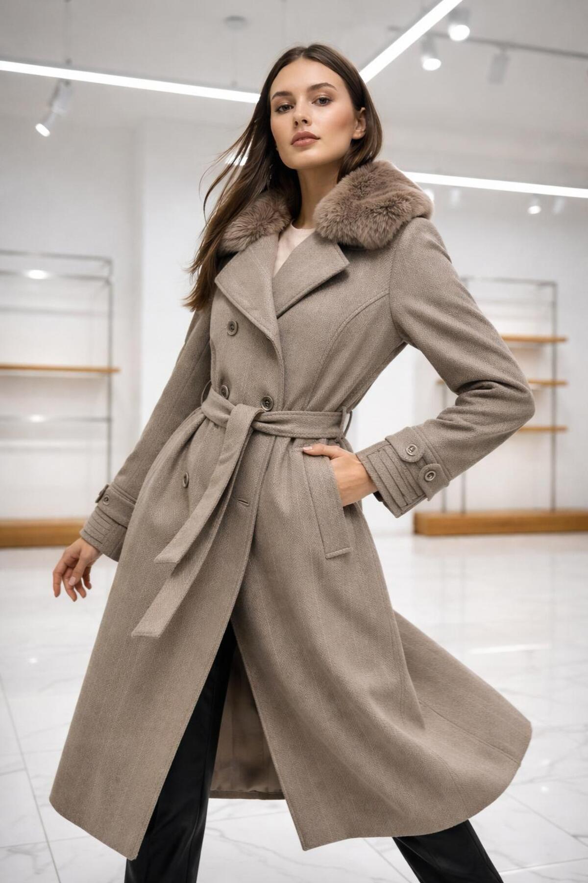 ESİN GİYİM  Kürk Yakalı Kruvaze Kaşe Ara Boy Kaban - Old Money Tarz - Görsel 6