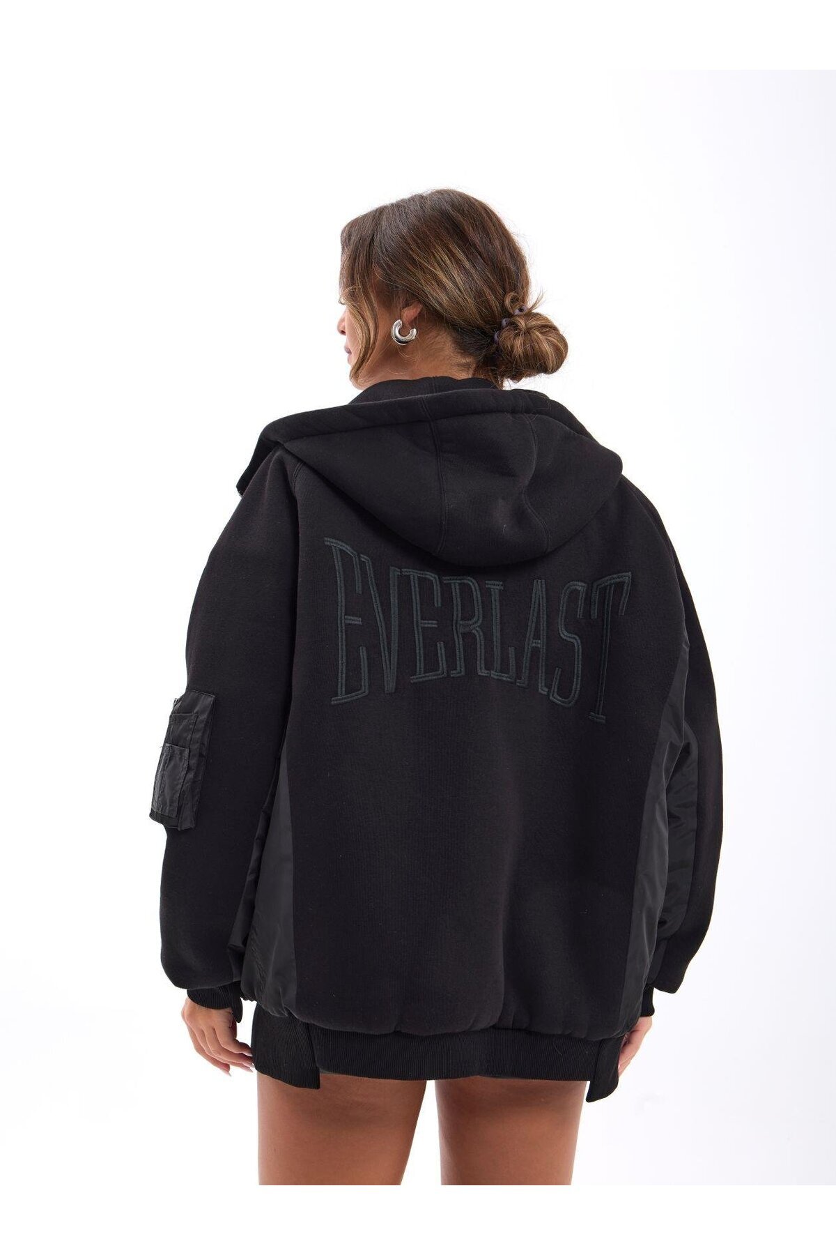 yor garment Kadın Siyah Oversize Kapüşonlu Fermuarlı Bomber Mont görsel 4