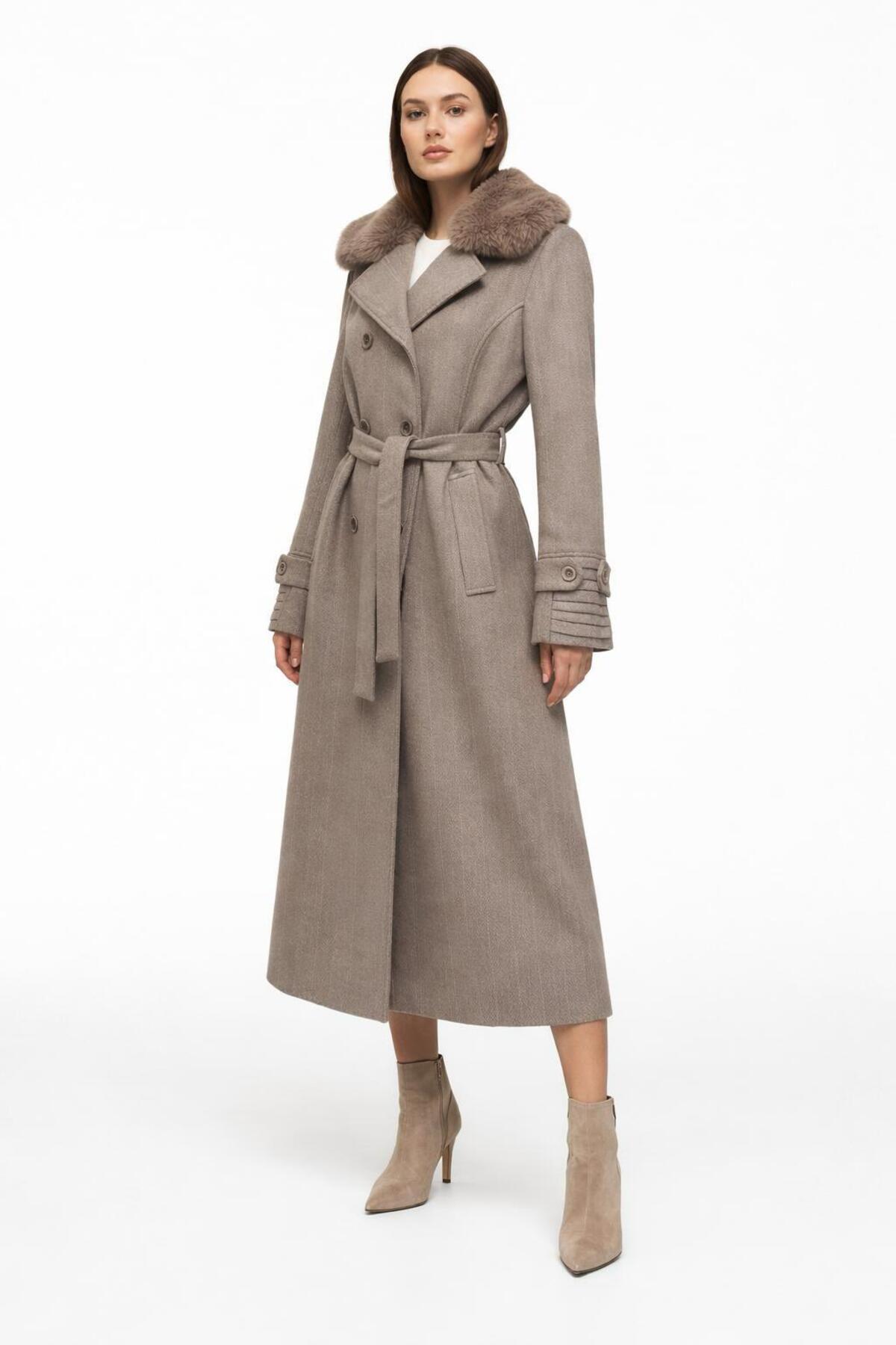 ESİN GİYİM  Kürk Yakalı Kruvaze Kaşe Ara Boy Kaban - Old Money Tarz - Görsel 5