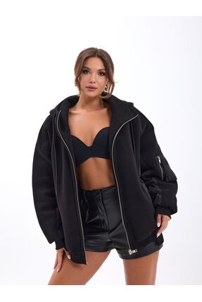 yor garment Kadın Siyah Oversize Kapüşonlu Fermuarlı Bomber Mont