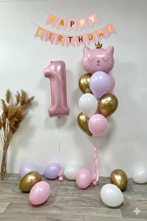 Patladı Gitti 1 Yaş Kedi Temalı Doğum Günü Balon Seti – Pembe Gold Konsept