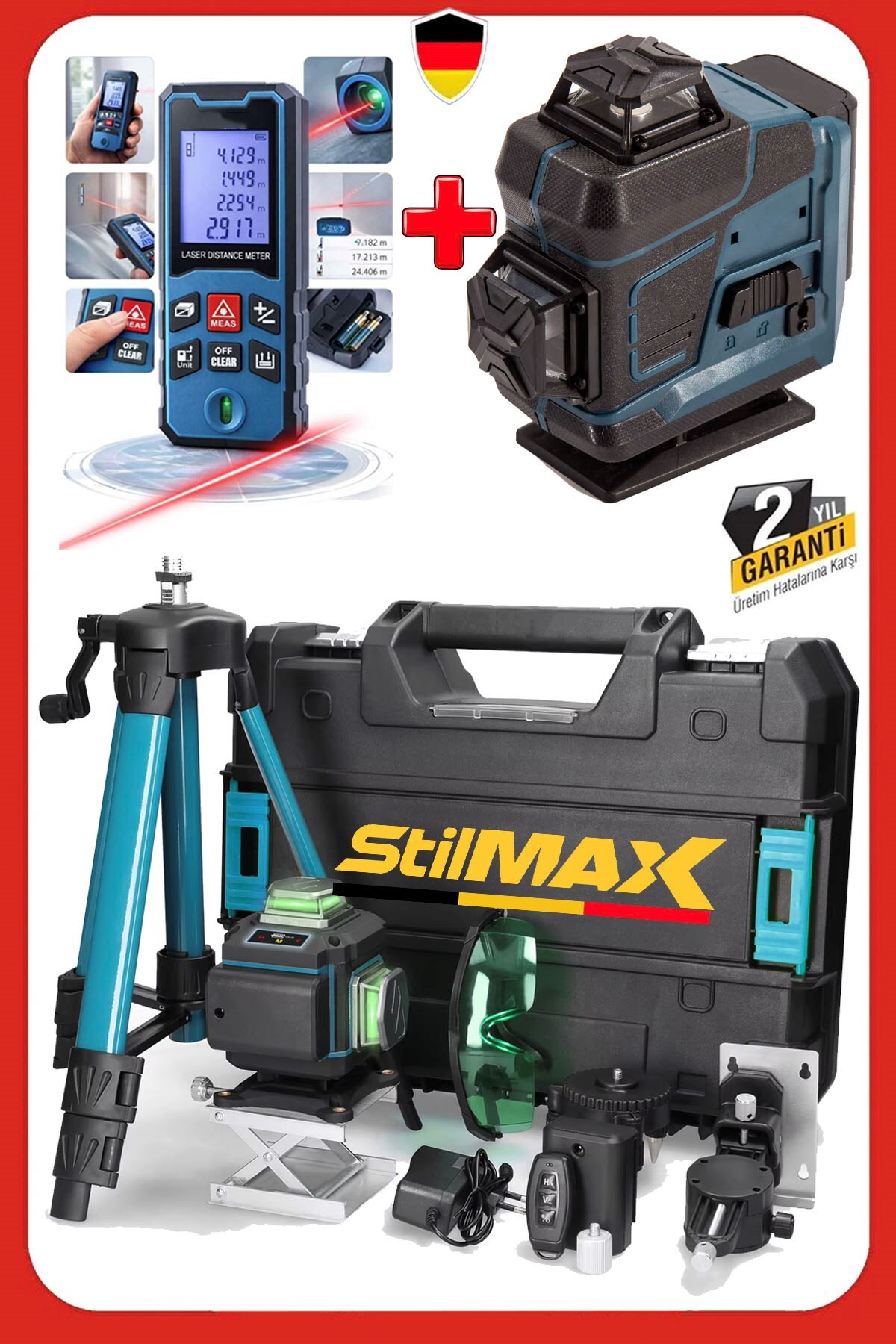 STILMAX İnşaat Usta Seti: Hassas 16 Çizgi Lazer Hizalama Yeşil Çizgili + 50Metre Lazermetre Hediyeli Set